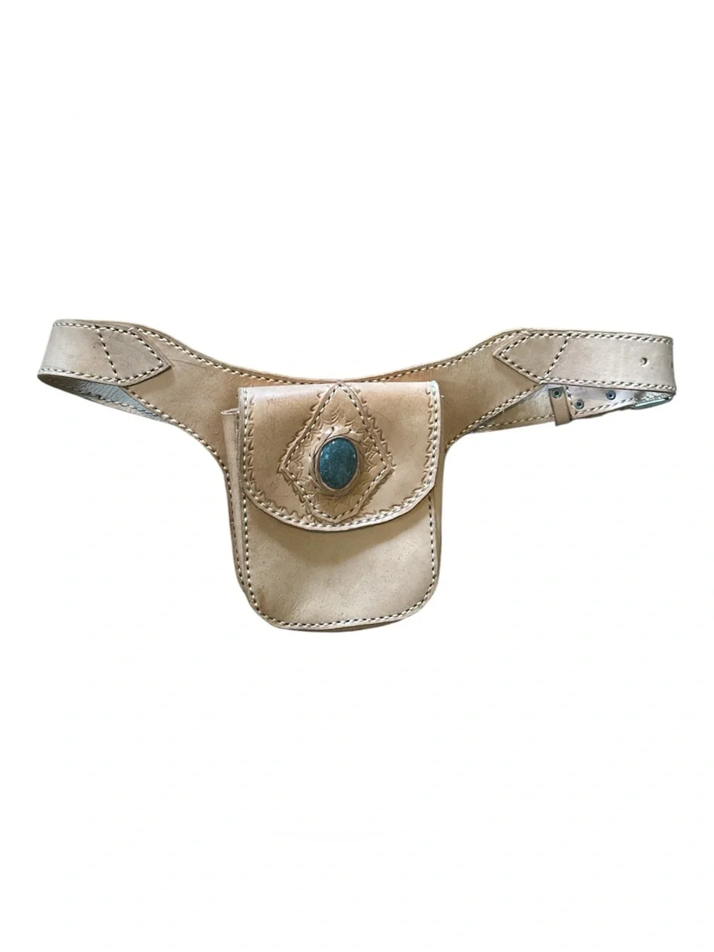 Handmade Cream Tan Leather Belt Bag with Gem Accent